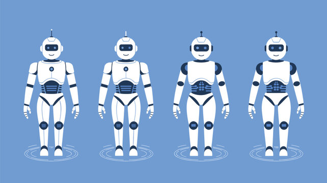 Set of four white humanoid robots with blue details standing in different poses on a light blue background for futuristic technology themes.