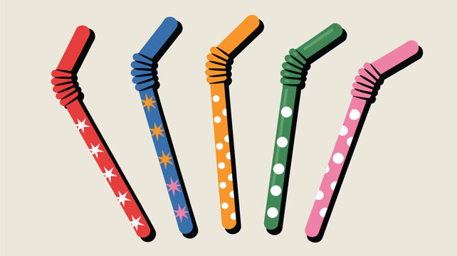 Five flexible drinking straws in red blue orange green and pink colors with various patterns like stars dots and stripes.