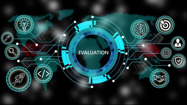 Animation of technology and business process evaluation with digital interface icons. world map background 4k animation video  