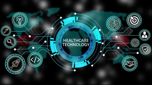 Animation of technology and business process healthcare technology with digital interface icons. world map background 4k animation video  
