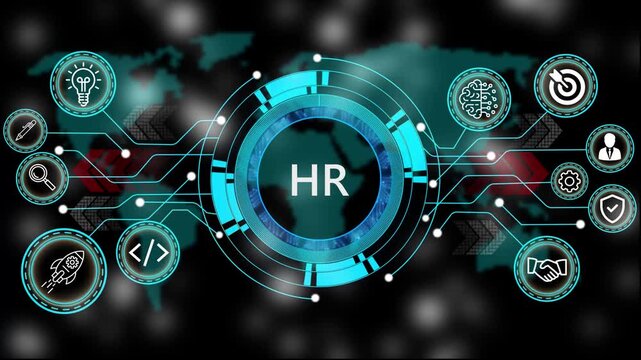 Animation of technology and business process HR with digital interface icons. world map background 4k animation video  