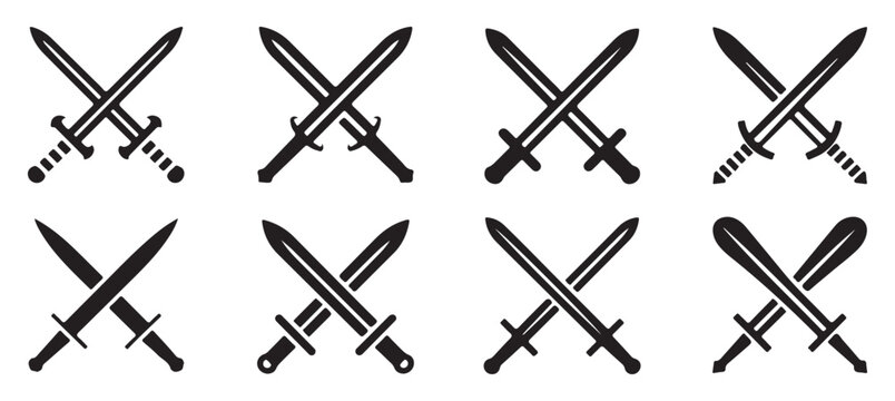 Crossed swords vector set. variety of medieval sword silhouettes on transparent background.