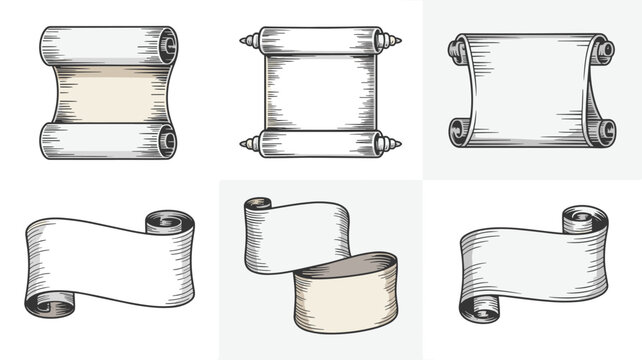 Collection of vintage paper scrolls in different styles and shapes for decorative borders or historical design elements.