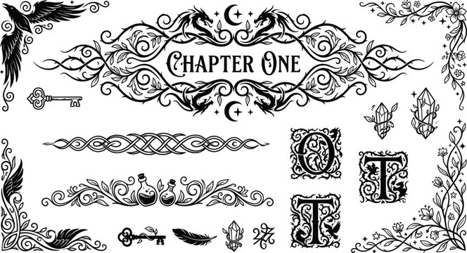Fantasy chapter one decorative elements with dragons keys crystals and feathers.