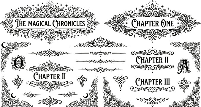 Magical chronicles and chapter decorative ornate frames borders and letters.