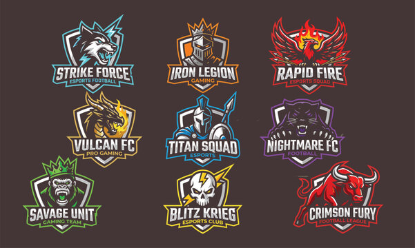 Collection of esports team logos with animals and mythical creatures on dark background.