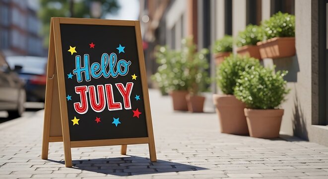 A sidewalk with a chalkboard sign that says hello july with stars