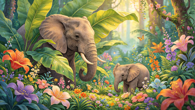 Elephant Family in Lush Jungle