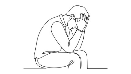 Fototapeta premium Depressed Young Man Continuous One Line Drawing Stress Anxiety Mental Health Vector Illustration