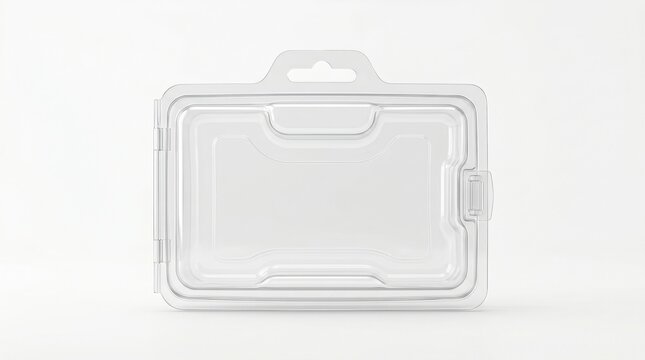Empty clear plastic clamshell packaging with hang tab front view on white