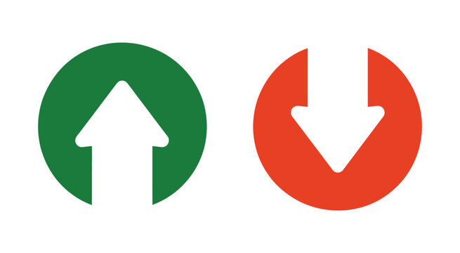 upward green arrow and downward red arrow icons, trend change indicators, stock market and business performance concept, simple flat vector design set.