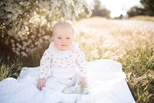 Smiling infant child sitting on grass lawn in sun light over blooming flowers close up. Summer season. Childhood.