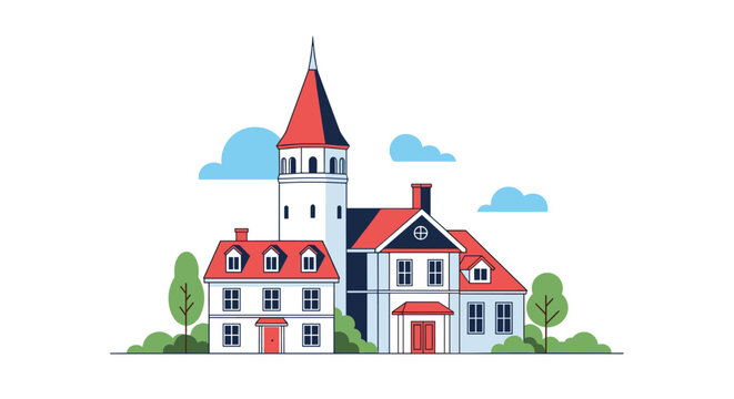 Charming residential house combines traditional architecture with a tall white tower and red rooftops surrounded by green trees.
