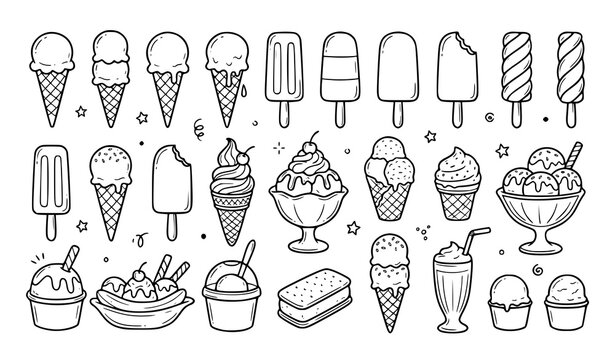 Detailed hand drawn black and white doodle collection of delicious ice cream and summer desserts