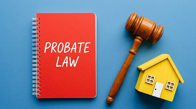 A gavel, house model, and probate law book on a blue surface