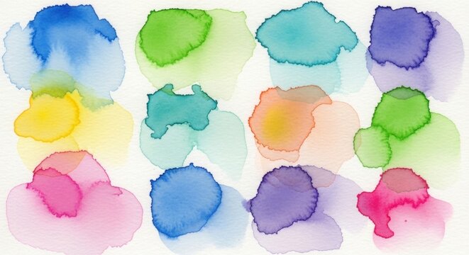 Vibrant colorful watercolor splotches cover a white background in an artistic arrangement.