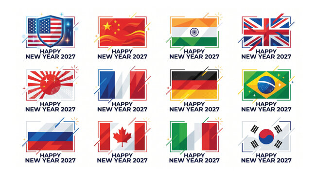 World nations flags set decorated for happy new year 2027 with stylized graphic design elements countries international celebration greeting collection patriotic artistic stylized