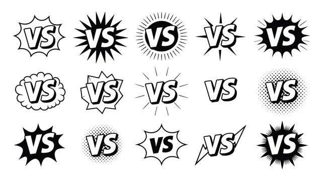 Comprehensive collection of versus bubbles in various comic book styles featuring bold typography and explosive shapes.