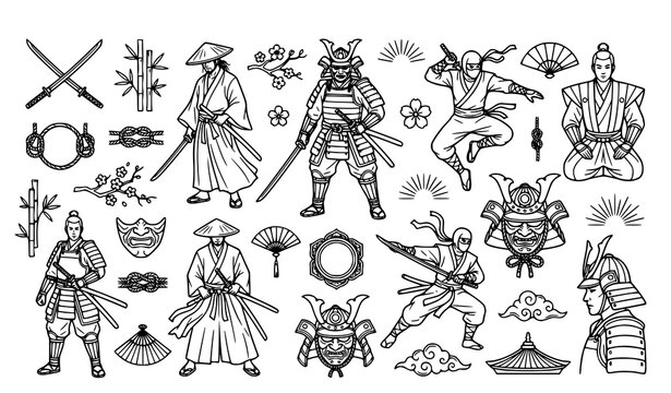 Japanese Samurai Warrior and Traditional Culture Hand Drawn Illustration Collection