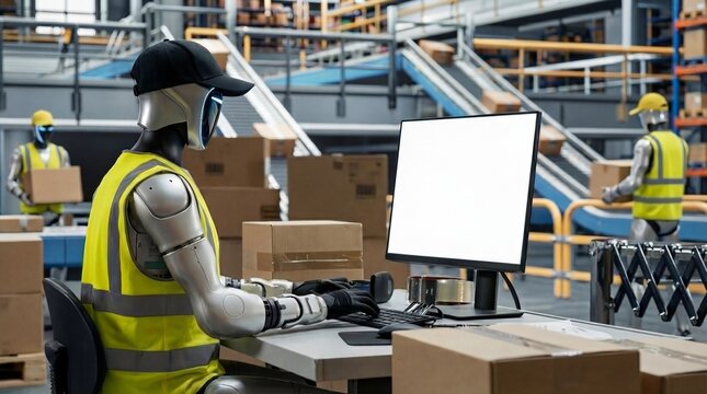 Humanoid robot worker using computer with blank screen in busy warehouse photography