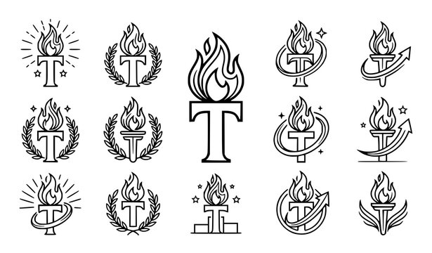Decorative Fire Flame Monogram Collection with Letter T and Vintage Elements