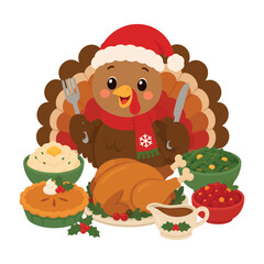 Naklejka premium Cute Christmas Turkey with Traditional Thanksgiving Dinner Vector Illustration.