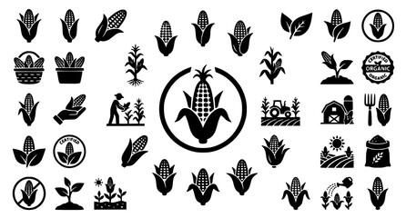 Obraz premium Simple Corn and Maize Silhouette Icon Collection with Farm Harvest and Agricultural Symbols Vector