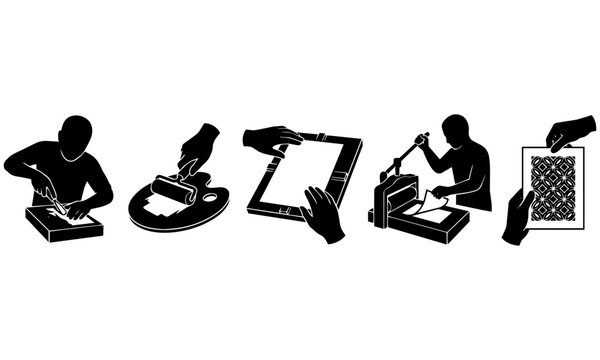 Silhouette of a person working on a printing press with various printing techniques  screen printing  relief printing  intaglio printing  lithography  monotype