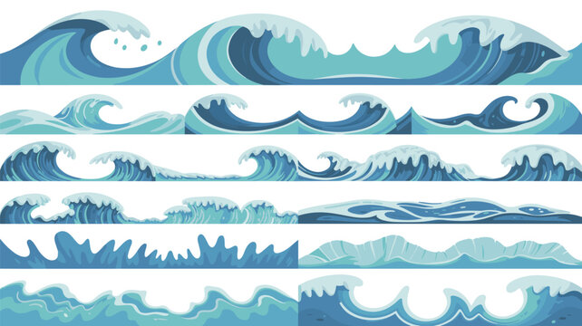 Collection of blue ocean wave illustrations in different shapes and styles from calm ripples to large breaking crests for nautical backgrounds.
