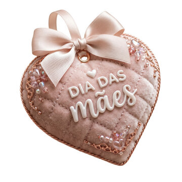 A pink heart-shaped ornament with a bow says Dia das Maes on Mother's Day