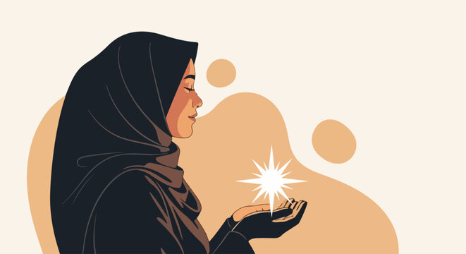 Ramadan vector illustration with woman in hijab praying holding glowing star. Ramadan vector template includes spiritual Muslim woman.
