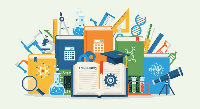 Colorful flat lay of engineering and physics education tools and science equipment on light background
