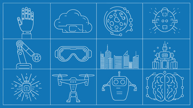 Blueprint style icons representing advanced technology such as robots, drones, virtual reality, cloud computing, and artificial intelligence.