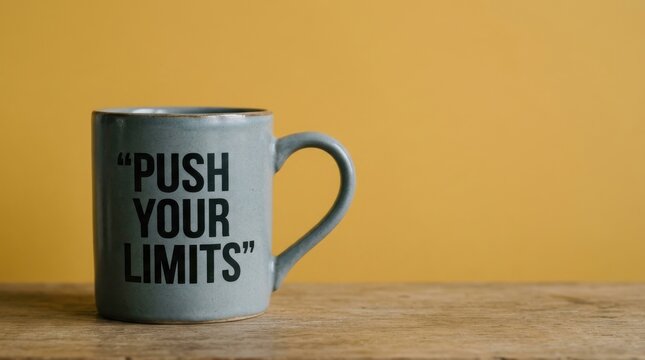 Motivational coffee mug with Push Your Limits text, ceramic cup on wooden desk, inspirational quote for office productivity and success