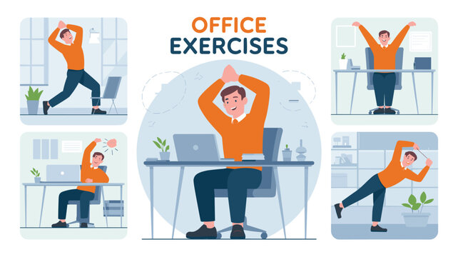 Educational infographic showing a male office worker performing various physical exercises and stretches at his desk to stay healthy.