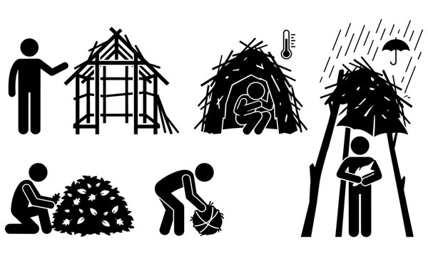 Stick figures building shelters and collecting firewood in various weather conditions with stick figures making shelters and gathering materials for fire