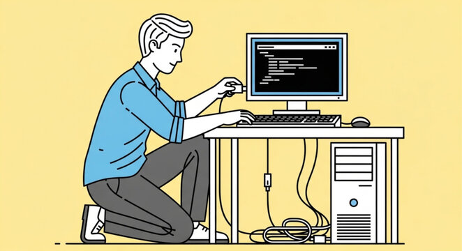 Man connecting computer cables at desk with monitor and tower.