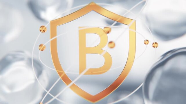 Golden Vitamin B complex golden shield symbol in 3D animation abstract background. Niacinamide and biotin molecular structure background with transparent liquid cells and rotating structures
