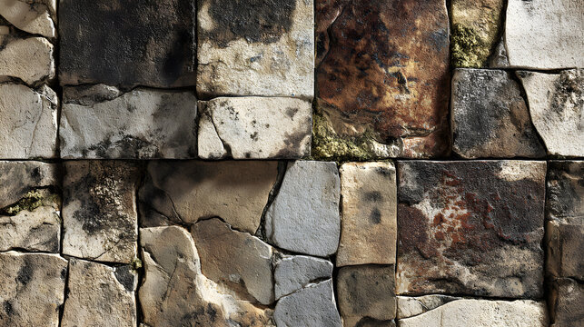 A banner with a background texture of stone concrete cement wall texture and patches of shabby patchwork motif tiles in the form of an old brown gray rusty vintage worn shabby patchwork motif.