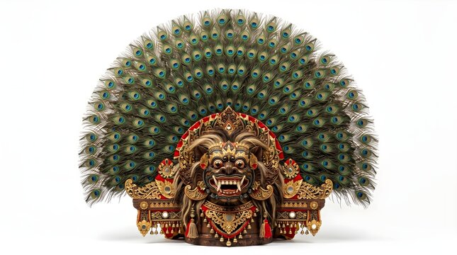 Traditional Indonesian Reog Ponorogo Singa Barong Mask with Peacock Feathers Isolated on White Background