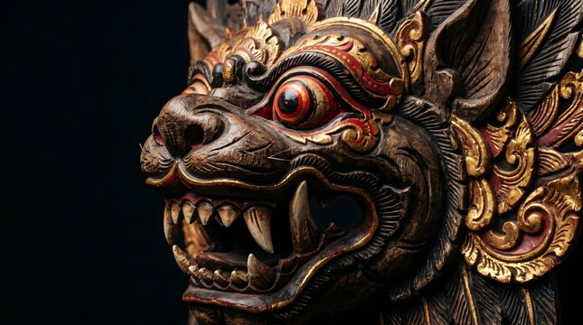Close-up side profile of traditional Indonesian Reog Ponorogo Singa Barong mask showing intricate wooden carving details