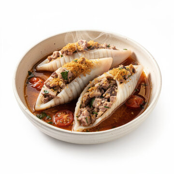 Traditional Calamars Farcis with Stuffed Squid in Rich Tomato Garlic Sauce Isolated on White Background