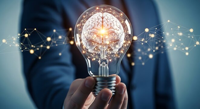 Glowing light bulb with human brain and digital network, businessman holding creative idea and innovation concept, artificial intelligence technology