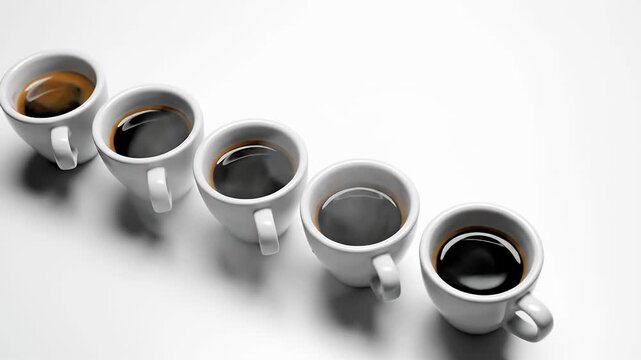 Row of five white espresso cups with dark coffee.