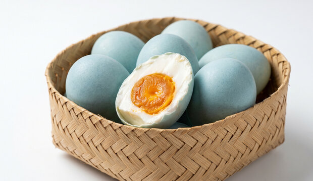 Professional studio food photography of Indonesian salted eggs (telur asin) with authentic blue shells