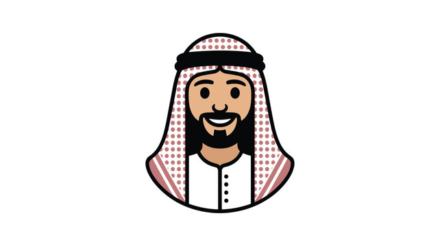 Friendly smiling Arab man wearing a traditional white and red patterned ghutra is depicted as an avatar in a clean vector style.