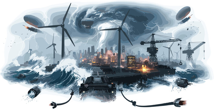 Apocalyptic ocean storm hitting coastal city infrastructure with broken energy cables wind turbines and industrial harbor cranes vector