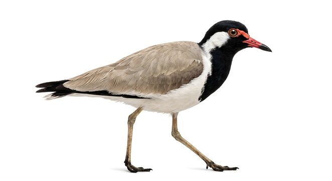 Red-wattled lapwing bird walking and looking sideways isolated