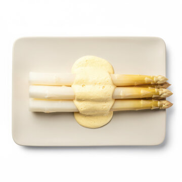 Elegant Asperges Blanches with Mousseline Sauce and Thick White Asparagus Spears Isolated on White Background