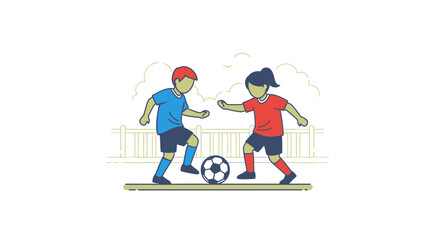 Obraz premium Two children playing soccer on a field.